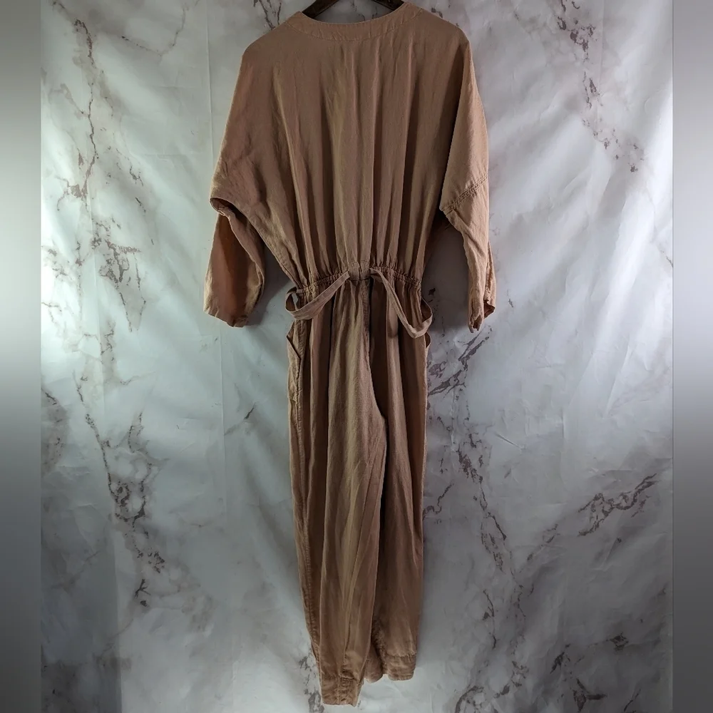 Free People Jumpsuit Womens XS Pink Linen Button Crop Belted Slouchy Pocket